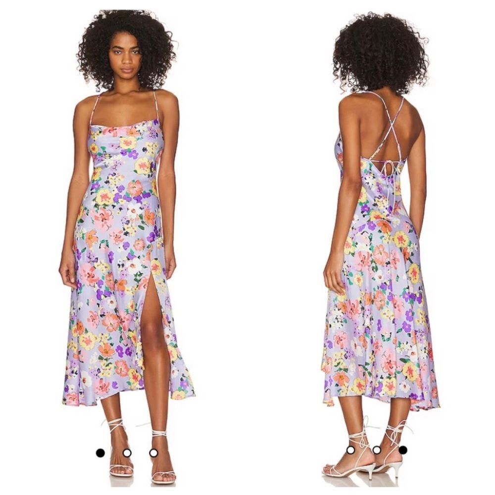 ASTR Gaia Draped Collar Satin Midi Floral Dress in Periwinkle Floral Size Medium